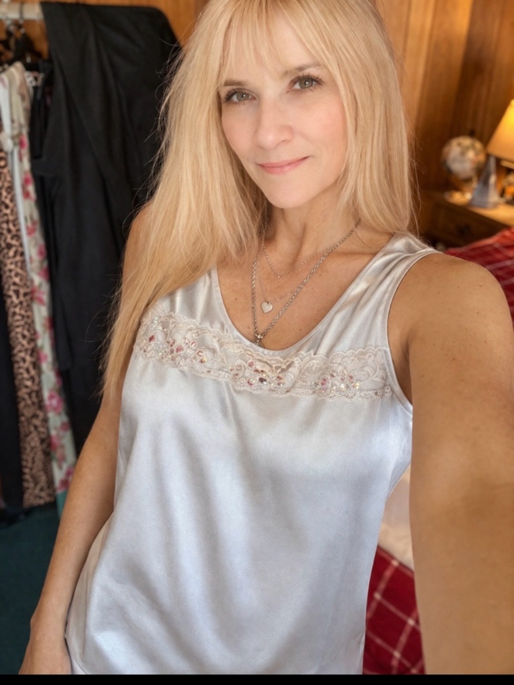 Silver Satin Lace Tank Top XL Sleeveless Blouse Shimmer Dressy Casual